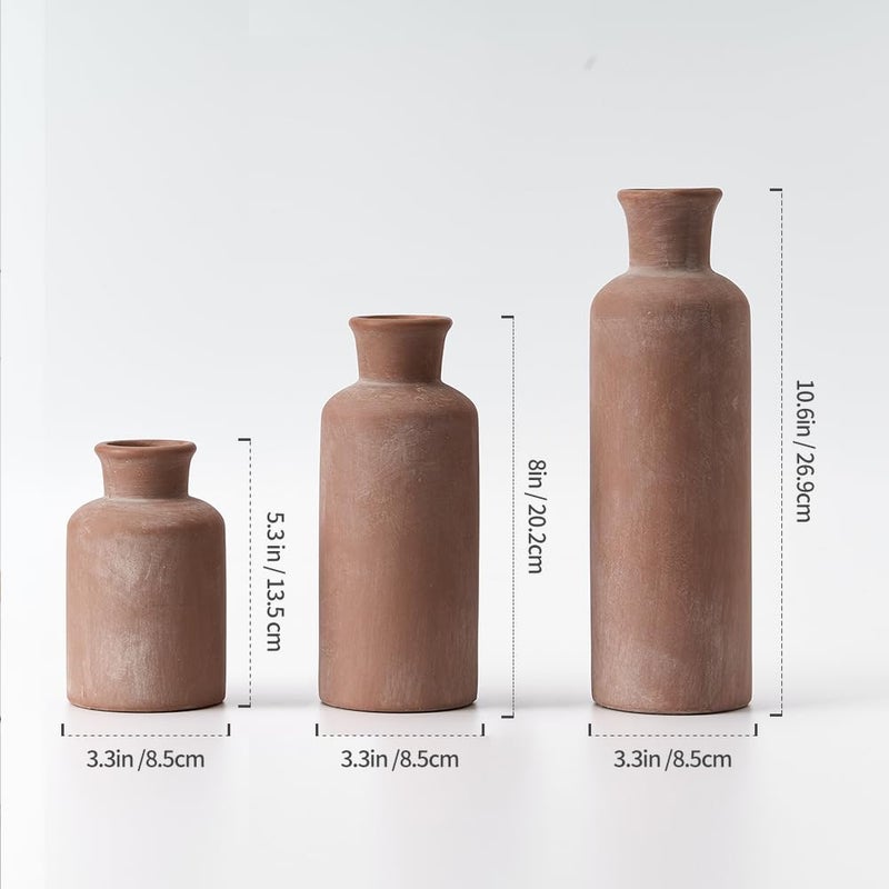 LUKA Ceramic Rustic Farmhouse Vase,Terracotta Vases for Decor,Vase Set of 3,Vases for Your Bedroom,Office,Living Room,Fireplace,Bookshelf Decor,Housewarming 10+7.5+5 Inch - Image 3
