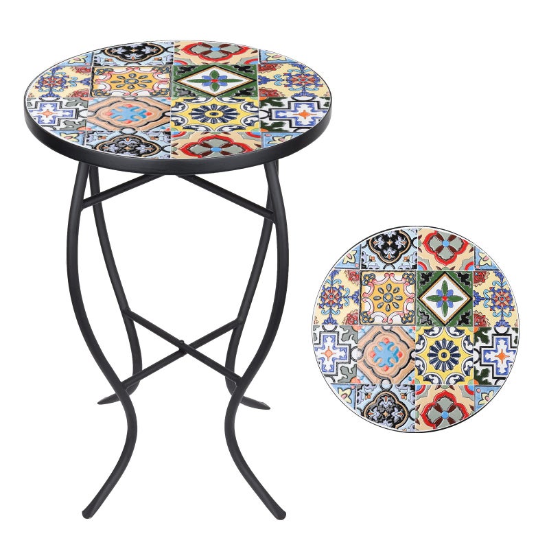 VCUTEKA Mosaic Side Table 21 Round End Table with 14 Ceramic Tile Top Indoor Patio Accent Table for Yard Garden Living Room Bistro Balcony or Lawn