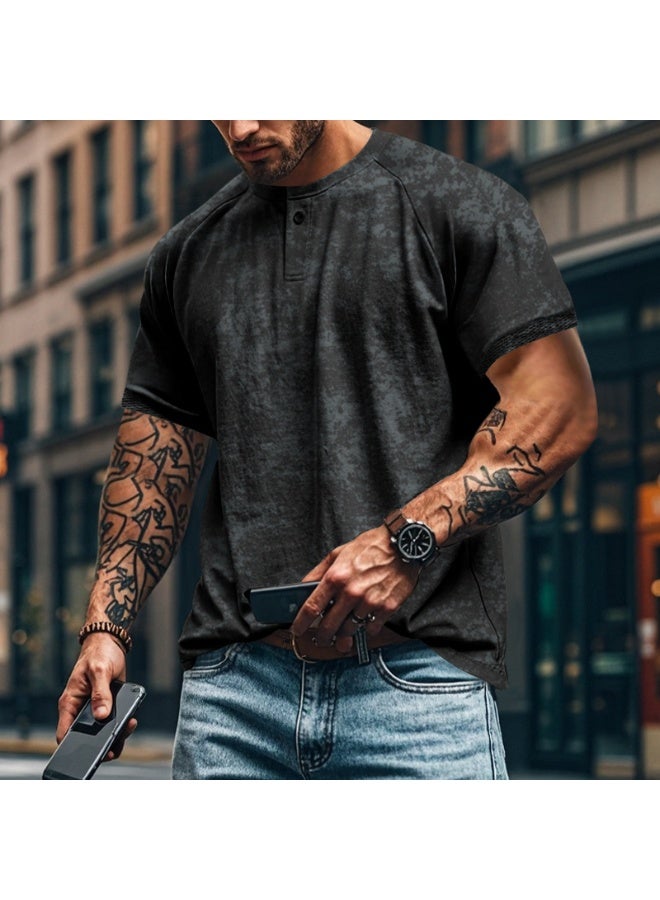 Vintage Distressed Henley Neck Short Sleeve Men's T-shirt Heavy Weight Slim Fit Shoulder Insert American Style Oversized Casual - Image 1