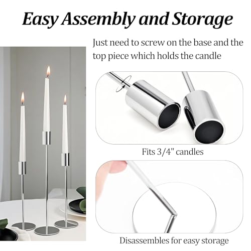 AUMAYCO Set of 3 Silver Taper Candle Holders, Metal Gold Candlestick Holders, Tall Candle Holder, Fits 3/4 inch Thick Candle&Led Candles, for Table Centerpiece, Wedding, Dinning, Party Home Decor - Image 5