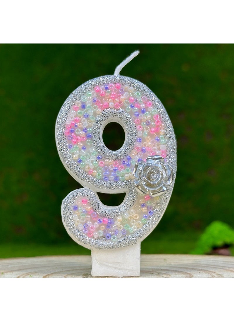 l&wen Number Birthday Candle, Silver Flower Number Cake Candles for Birthday, Weddings, Anniversaries and Theme Party Decorations 7cm (Number 9)  - Image 1