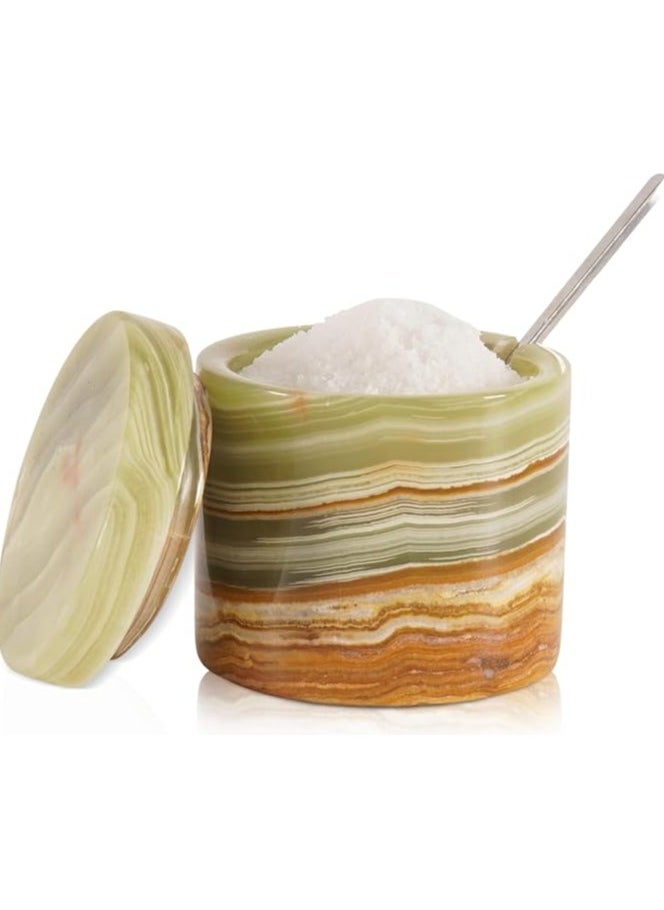 RADICALn Marble Salt Cellar With Lid And Spoon 3'' Inches Green Handmade Seasoning Containers For Kitchen Countertop - Spice Container & Sugar Bowl, Salt Dispenser for Vintage Kitchen Decor  - Image 1