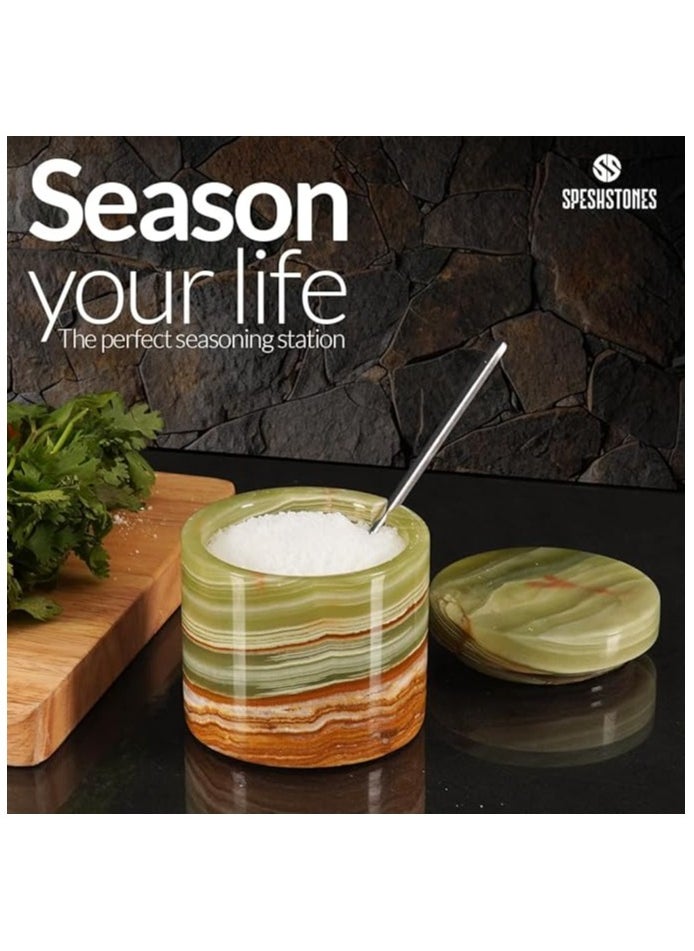 RADICALn Marble Salt Cellar With Lid And Spoon 3'' Inches Green Handmade Seasoning Containers For Kitchen Countertop - Spice Container & Sugar Bowl, Salt Dispenser for Vintage Kitchen Decor  - Image 2