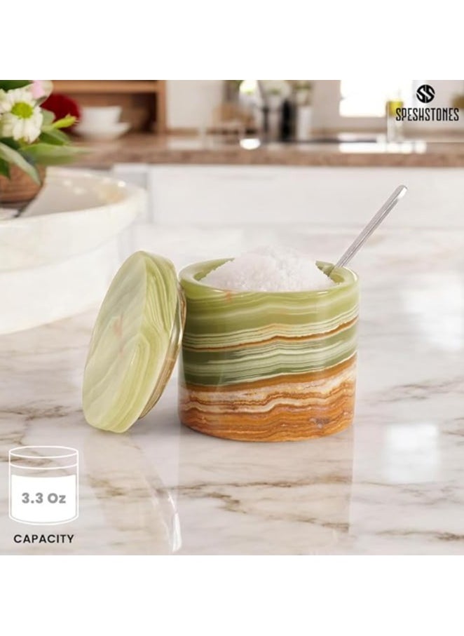 RADICALn Marble Salt Cellar With Lid And Spoon 3'' Inches Green Handmade Seasoning Containers For Kitchen Countertop - Spice Container & Sugar Bowl, Salt Dispenser for Vintage Kitchen Decor  - Image 4