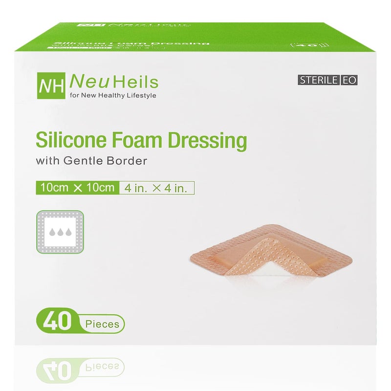 NeuHeils Silicone Foam Dressing with Gentle Border 4''x4'', 40 Pack - High Absorbency Waterproof Wound Bandage for Bed Sores, Leg Ulcers & Surgical Wounds - Image 1