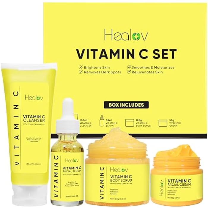 Healov Vitamin C Skincare Set – Hydrating Facial Cleanser, Exfoliating Body Scrub, Face Cream & Anti Aging Serum – Vit C Reduces Dullness, Fine Lines, Wrinkles, Dark Circles – Travel Kit for Youthful Skin - Image 1