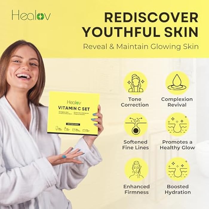 Healov Vitamin C Skincare Set – Hydrating Facial Cleanser, Exfoliating Body Scrub, Face Cream & Anti Aging Serum – Vit C Reduces Dullness, Fine Lines, Wrinkles, Dark Circles – Travel Kit for Youthful Skin - Image 4