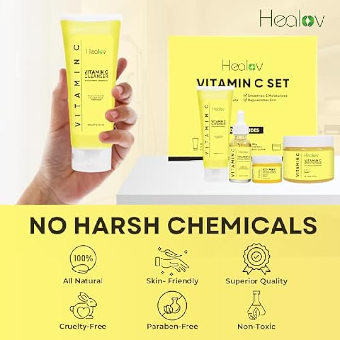 Healov Vitamin C Skincare Set – Hydrating Facial Cleanser, Exfoliating Body Scrub, Face Cream & Anti Aging Serum – Vit C Reduces Dullness, Fine Lines, Wrinkles, Dark Circles – Travel Kit for Youthful Skin - Image 3