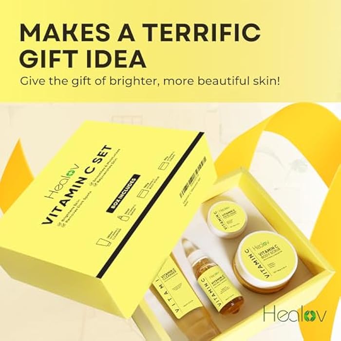 Healov Vitamin C Skincare Set – Hydrating Facial Cleanser, Exfoliating Body Scrub, Face Cream & Anti Aging Serum – Vit C Reduces Dullness, Fine Lines, Wrinkles, Dark Circles – Travel Kit for Youthful Skin - Image 5