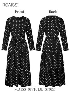 roaiss Women's Long Sleeve Vintage Polka Dot Robe Long Skirt Fashion Belt Large Hem Islamic Muslim Clothing  - Image 2
