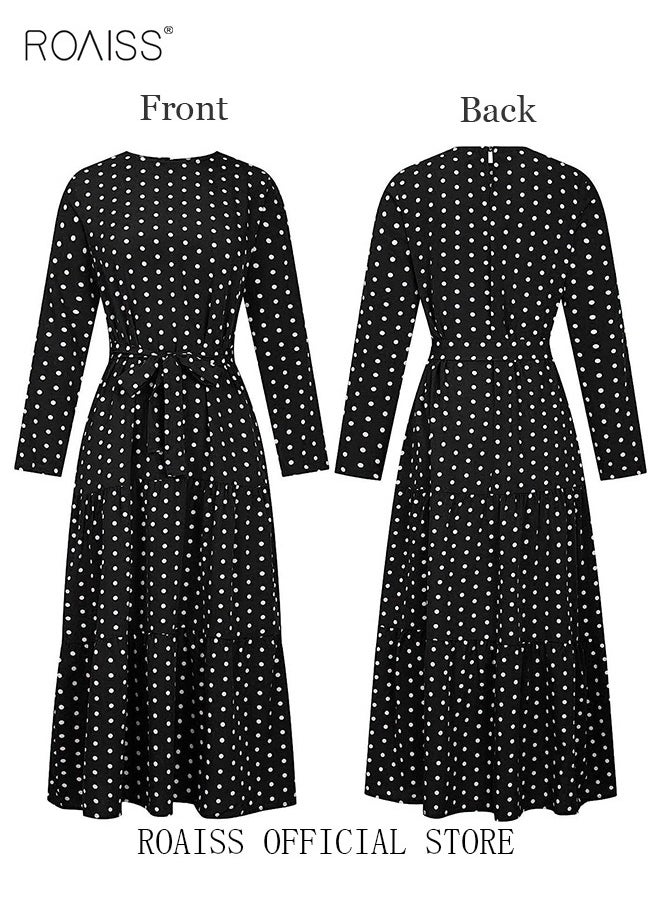 roaiss Women's Long Sleeve Vintage Polka Dot Robe Long Skirt Fashion Belt Large Hem Islamic Muslim Clothing  - Image 2