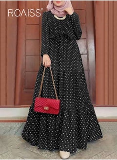roaiss Women's Long Sleeve Vintage Polka Dot Robe Long Skirt Fashion Belt Large Hem Islamic Muslim Clothing  - Image 1