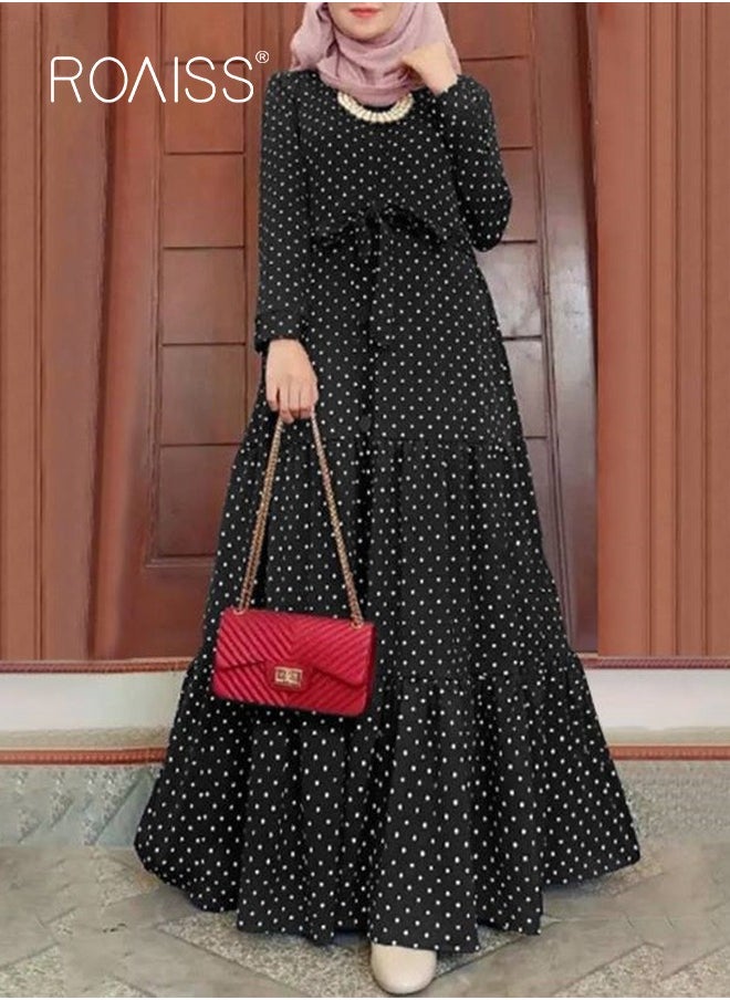 roaiss Women's Long Sleeve Vintage Polka Dot Robe Long Skirt Fashion Belt Large Hem Islamic Muslim Clothing  - Image 1