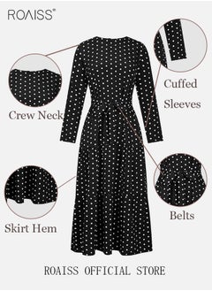 roaiss Women's Long Sleeve Vintage Polka Dot Robe Long Skirt Fashion Belt Large Hem Islamic Muslim Clothing  - Image 3