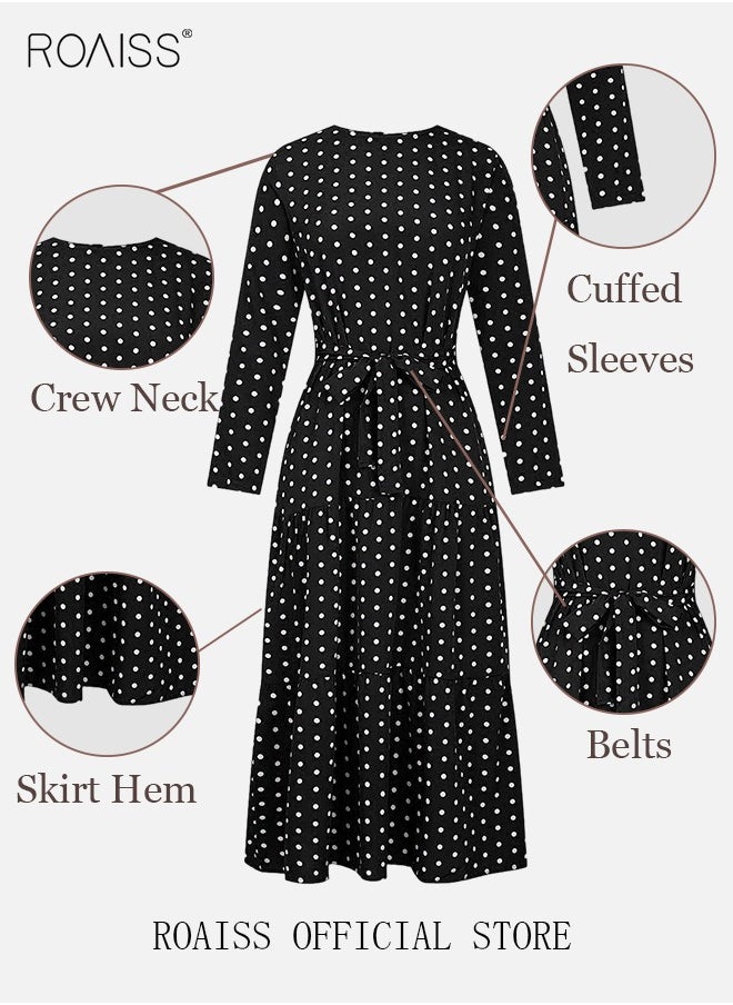 roaiss Women's Long Sleeve Vintage Polka Dot Robe Long Skirt Fashion Belt Large Hem Islamic Muslim Clothing  - Image 3