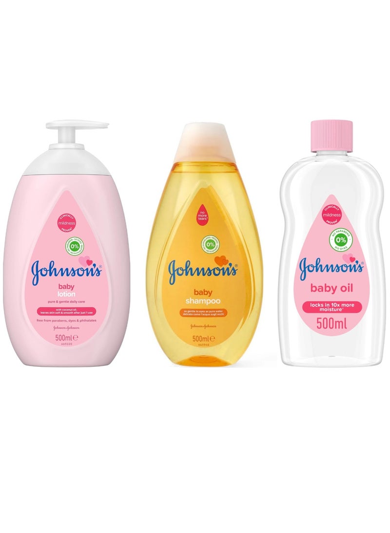 Johnson's pack Of 3 Johnson's Baby Oil 500ml, JOHNSON BABY SHAMPOO ORIGINAL 500ML And Johnson's Baby Soft Lotion 500 ml - Image 1