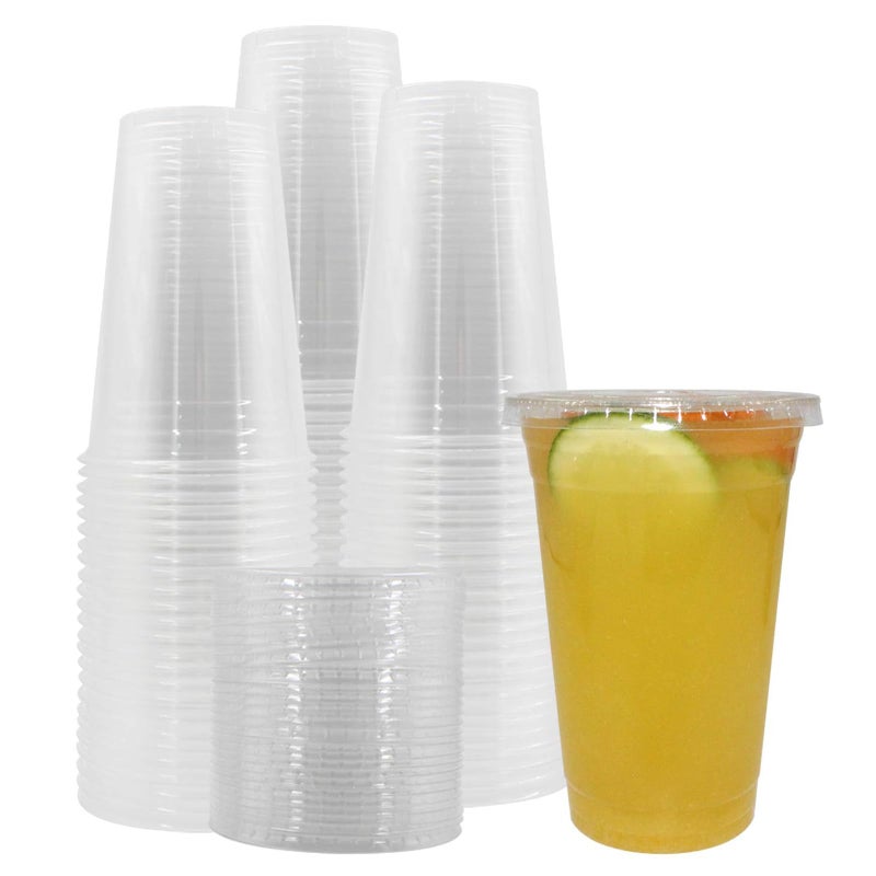 Belinlen 100 Sets 24 oz Plastic CRYSTAL CLEAR Cups with Flat Lids for Cold Drinks Iced Coffee Bubble Boba Tea Smoothie etc