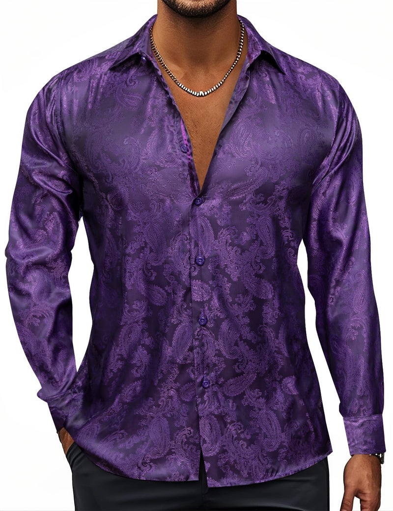 Hi-Tie Purple Paisley Men Dress Shirt Long Sleeve Button Down Regular Fit Button Up Shirts Formal Wedding Business Party - Image 2