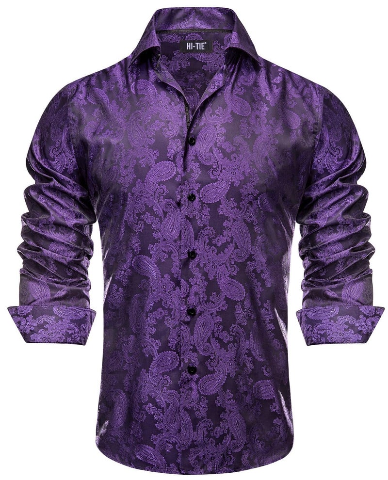 Hi-Tie Purple Paisley Men Dress Shirt Long Sleeve Button Down Regular Fit Button Up Shirts Formal Wedding Business Party - Image 1