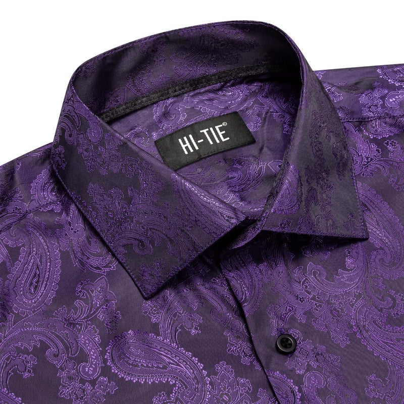 Hi-Tie Purple Paisley Men Dress Shirt Long Sleeve Button Down Regular Fit Button Up Shirts Formal Wedding Business Party - Image 5