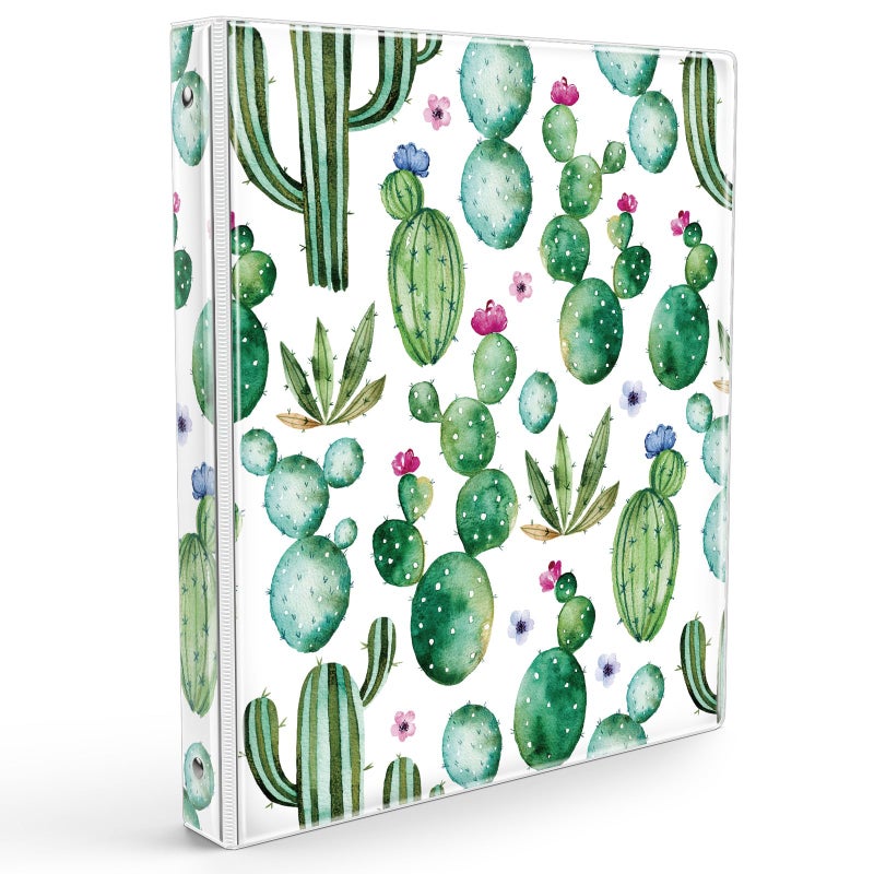 Eyrozill Cute 3 Ring Binder 1 Inch, Decorative Recipe Binders, Client Records with Clear Interior Pockets for Letter-Size(11" x 8.5") Paper, PVC Cover (Cactus) - Image 1
