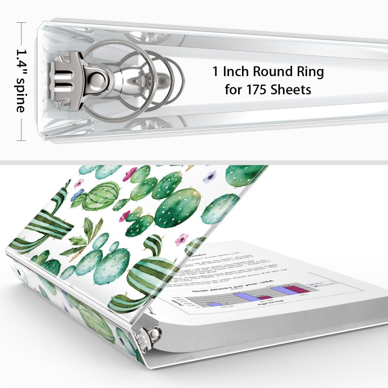 Eyrozill Cute 3 Ring Binder 1 Inch, Decorative Recipe Binders, Client Records with Clear Interior Pockets for Letter-Size(11" x 8.5") Paper, PVC Cover (Cactus) - Image 4