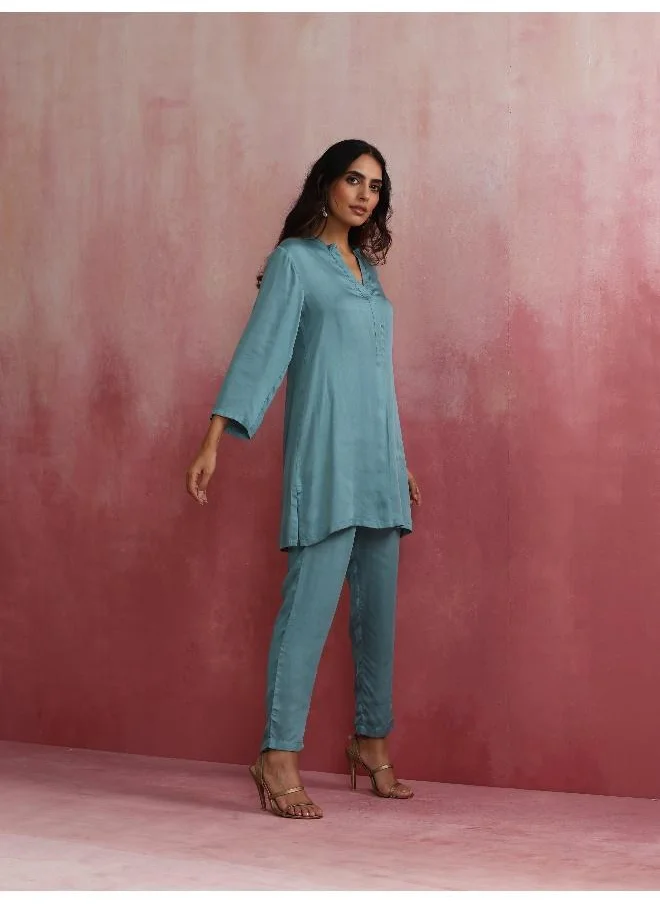 ترو برونز trueBrowns Light Blue Modal Straight Kurta Co-ord Set