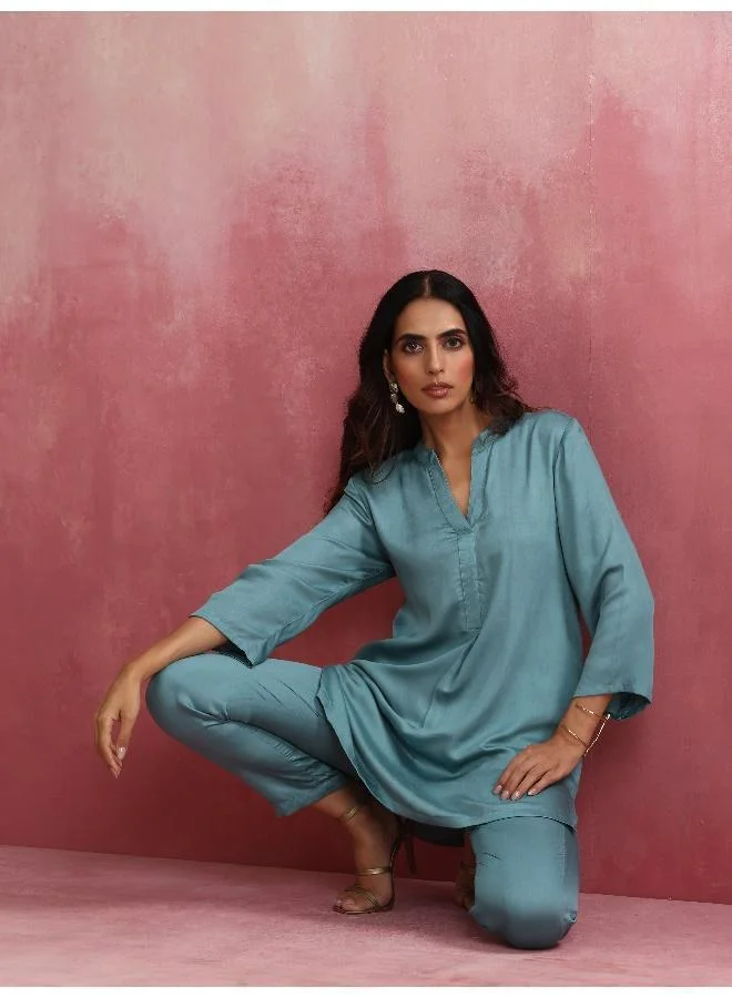 trueBrowns Light Blue Modal Straight Kurta Co-ord Set