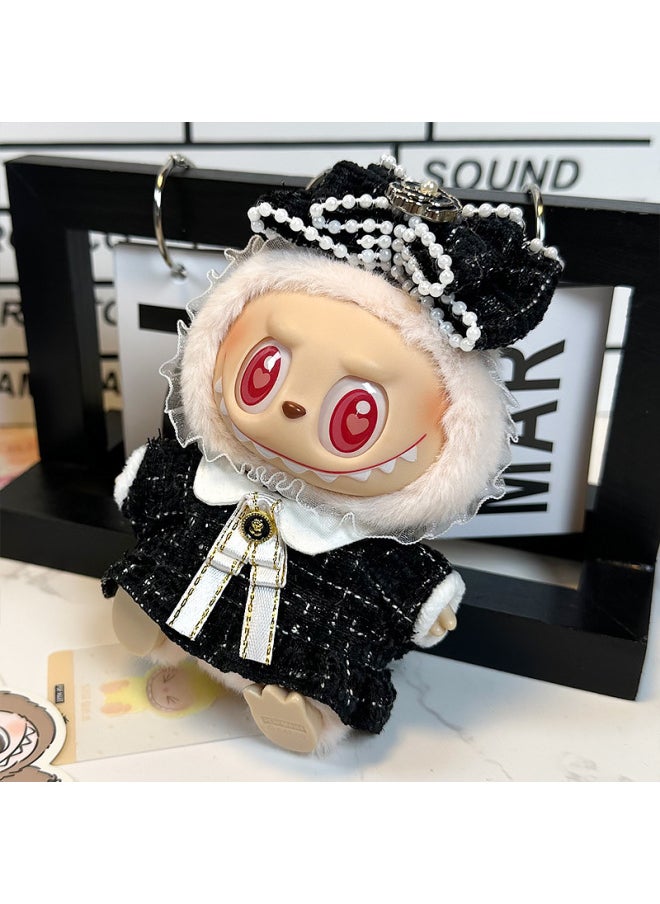 Labubu Sitting Party Doll Clothes Generation II Blind Box Labubu Doll Clothes Ragcloth Clothes Plush Vinyl Face-Specification:First And Second Generation Universal (doll Not Included) - Standard Outfit-Color:Black Small Fragrance (headwear + Clothes + Bow Tie)  - Image 1