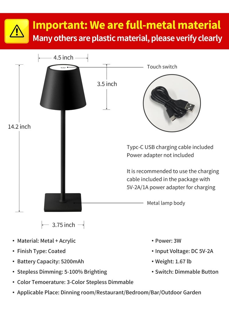 Zarra Traders Cordless Table Lamp, Portable LED Desk Lamp, 5200mAh Rechargeable Battery, 3 Color Stepless Dimming Up, for Restaurant/Bedroom/Bars/Outdoor Party/Camping/Coffee Shop Atmosphere Night Light(Black) - Image 4