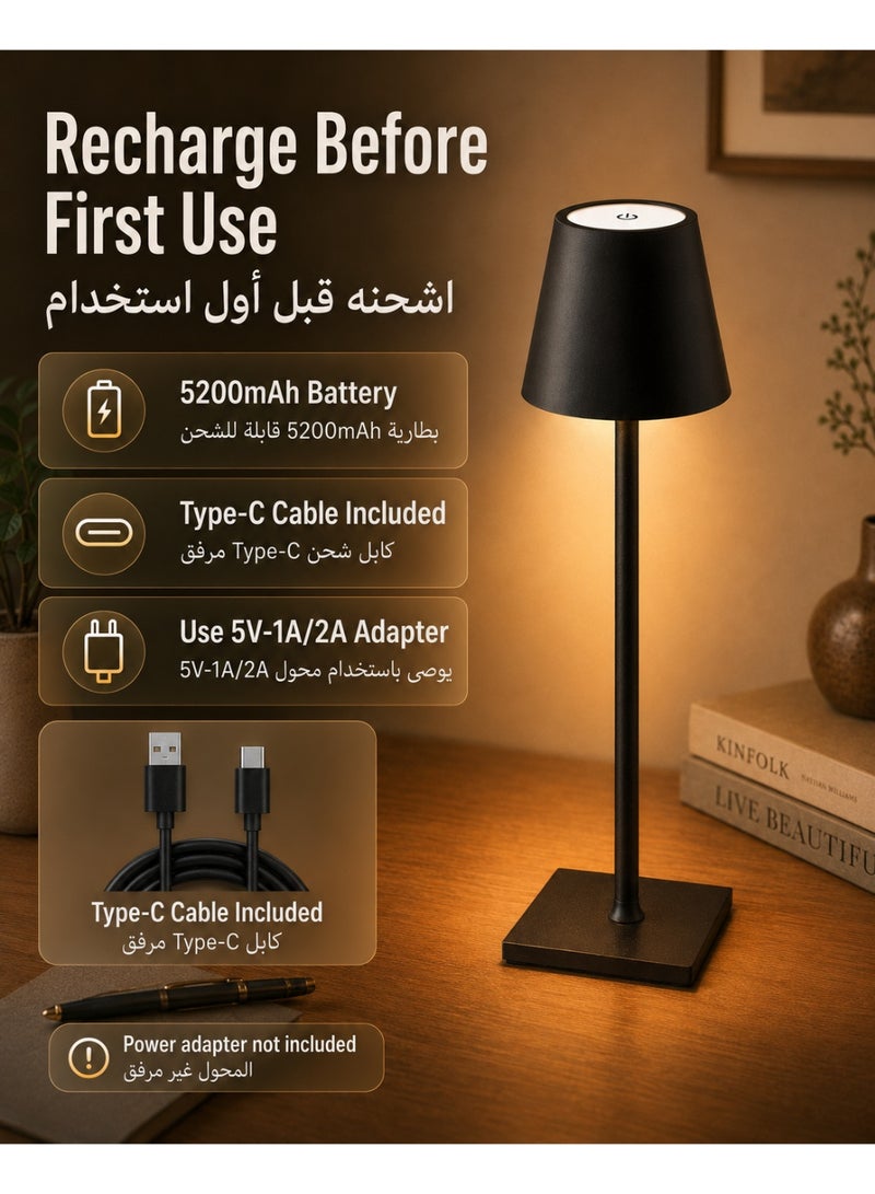 Zarra Traders Cordless Table Lamp, Portable LED Desk Lamp, 5200mAh Rechargeable Battery, 3 Color Stepless Dimming Up, for Restaurant/Bedroom/Bars/Outdoor Party/Camping/Coffee Shop Atmosphere Night Light(Black) - Image 3