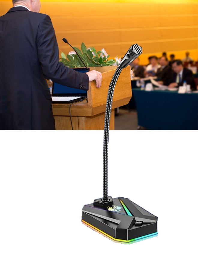 DUNISO USB computer microphone, intelligent noise cancelling desktop gooseneck microphone with colorful lighting and sound card, suitable for laptops and desktop computers, 74 * 98 * 255mm, black  - Image 1