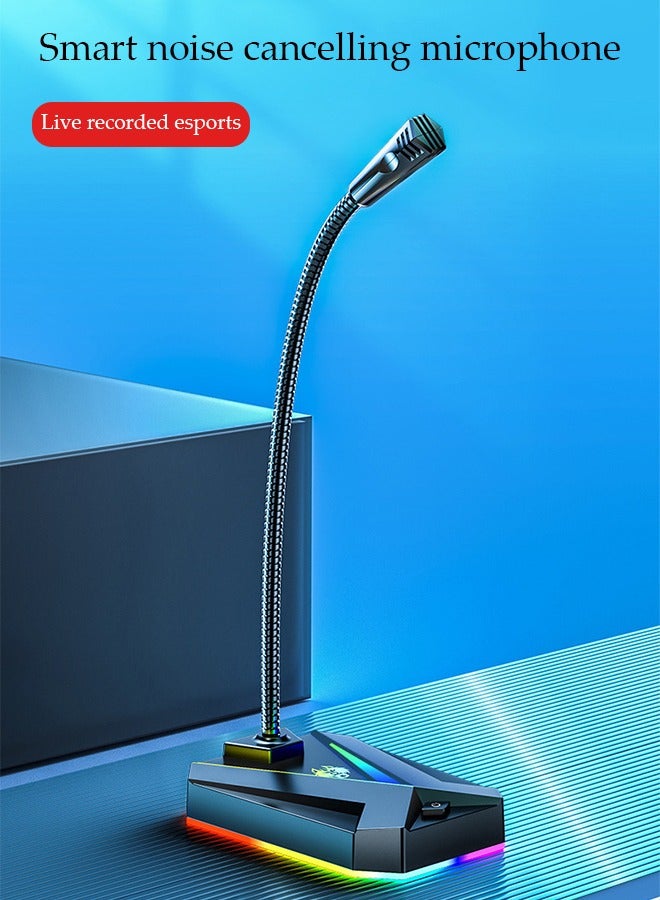 DUNISO USB computer microphone, intelligent noise cancelling desktop gooseneck microphone with colorful lighting and sound card, suitable for laptops and desktop computers, 74 * 98 * 255mm, black  - Image 3