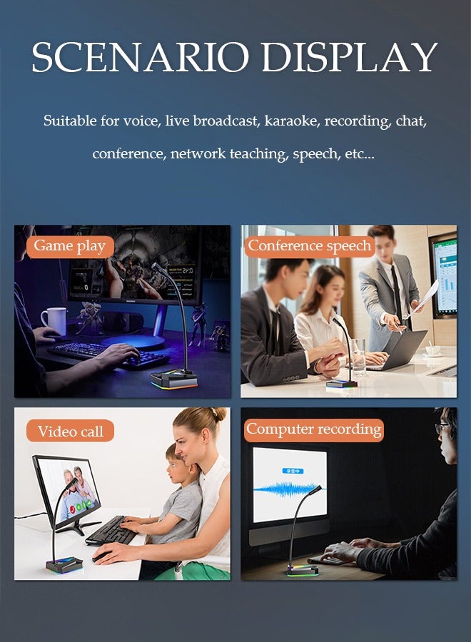 DUNISO USB computer microphone, intelligent noise cancelling desktop gooseneck microphone with colorful lighting and sound card, suitable for laptops and desktop computers, 74 * 98 * 255mm, black  - Image 5