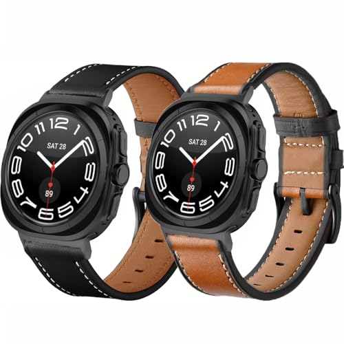 Olytop for Galaxy Watch Ultra Bands 47mm Leather for Men Women (2025/2024), No Gaps Business Leather Wristband Replacement Strap for Samsung Galaxy Watch 7/8 Ultra 47mm, Black+Black/Brown - Image 2