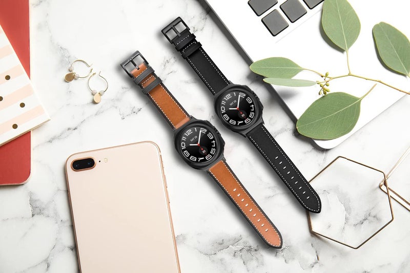 Olytop for Galaxy Watch Ultra Bands 47mm Leather for Men Women (2025/2024), No Gaps Business Leather Wristband Replacement Strap for Samsung Galaxy Watch 7/8 Ultra 47mm, Black+Black/Brown - Image 5