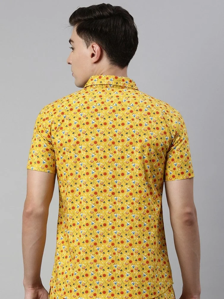 Joven Yellow Printed Casual Shirt for Men
