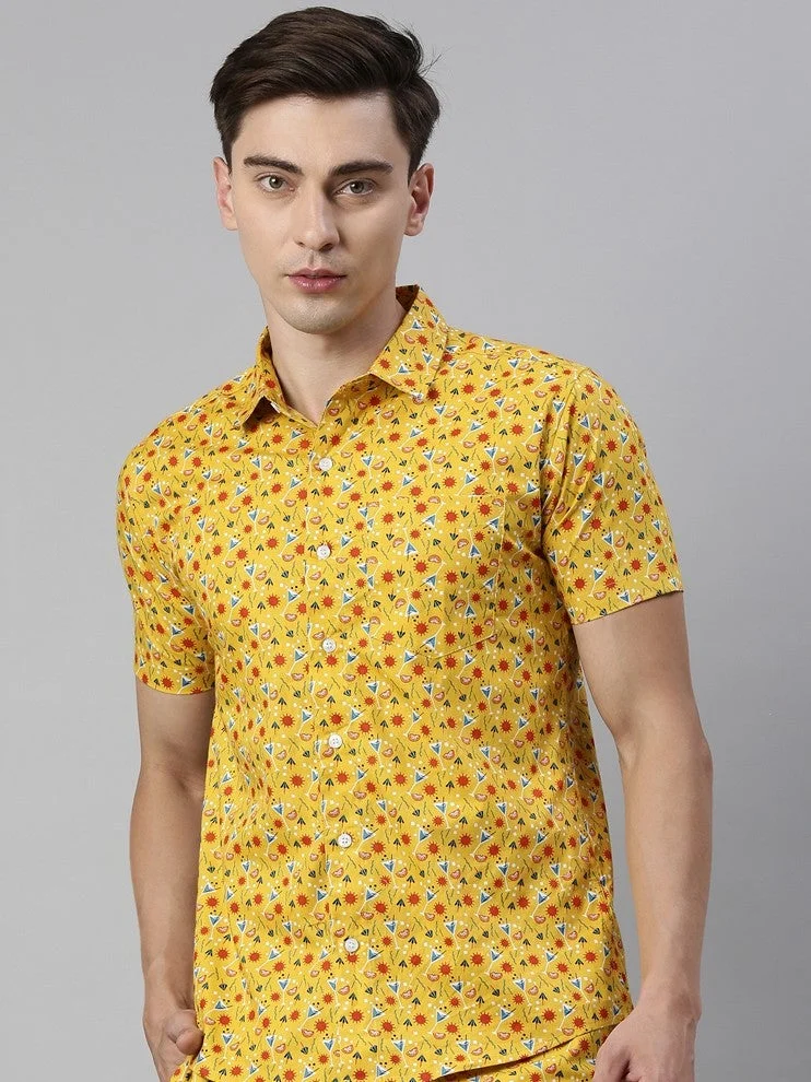 Joven Yellow Printed Casual Shirt for Men