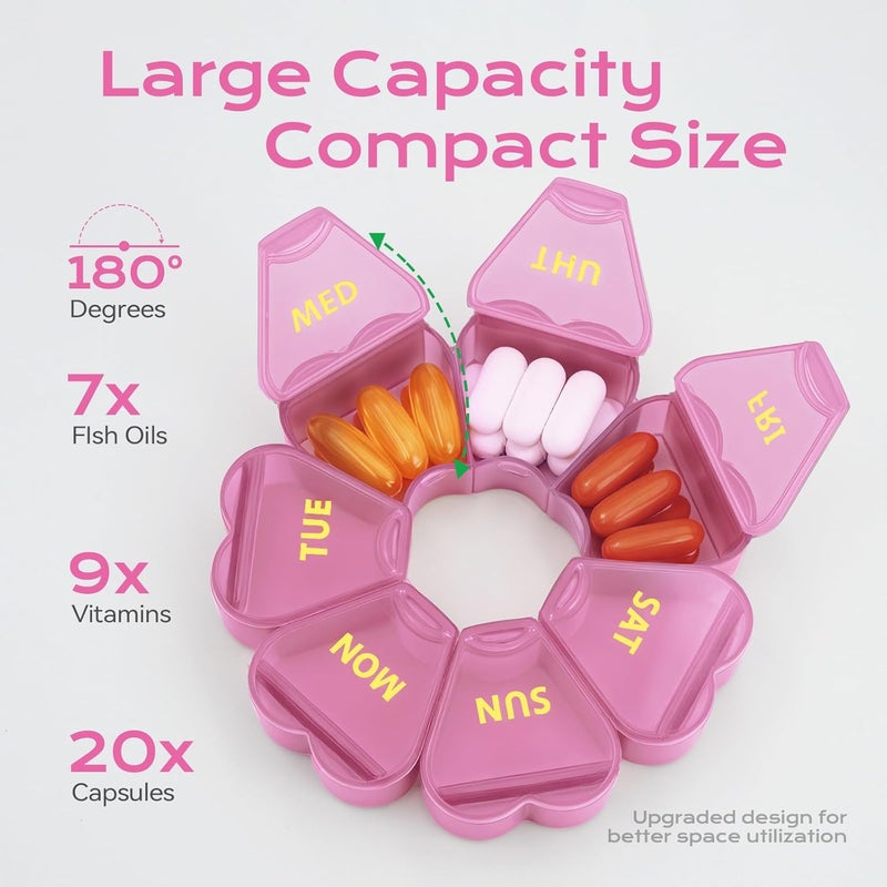 Pink Weekly Pill Organizer - Portable Daily Pill Case for Travel Home Daily Medication Storage - Image 2