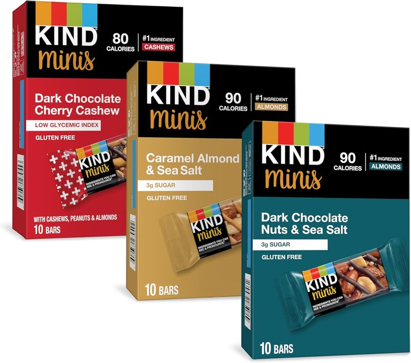 KIND Bar Minis Variety Pack - Dark Chocolate Nuts & Sea Salt, Caramel Almond & Sea Salt, Dark Chocolate Cherry Cashew - Healthy Gluten Free Snacks, 30 Count - Image 1