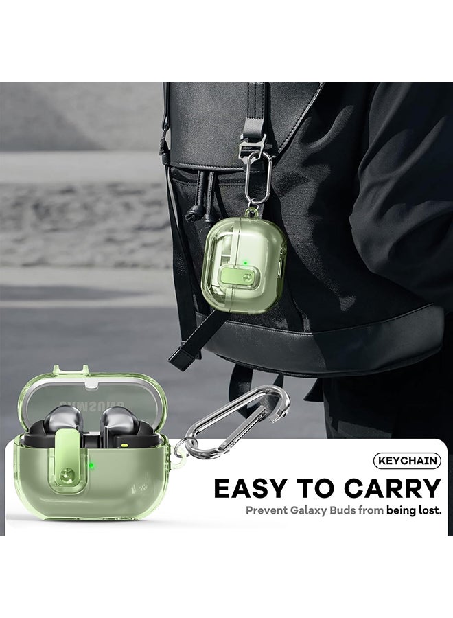 For Samsung Galaxy Buds3 Case & Galaxy Buds 3 Pro Case Cover Anti-drop Anti-scratch Lock Clip Flexible TPU Clear Protection Case with Carabiner-Green
