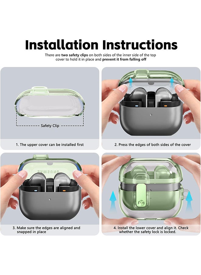 For Samsung Galaxy Buds3 Case & Galaxy Buds 3 Pro Case Cover Anti-drop Anti-scratch Lock Clip Flexible TPU Clear Protection Case with Carabiner-Green