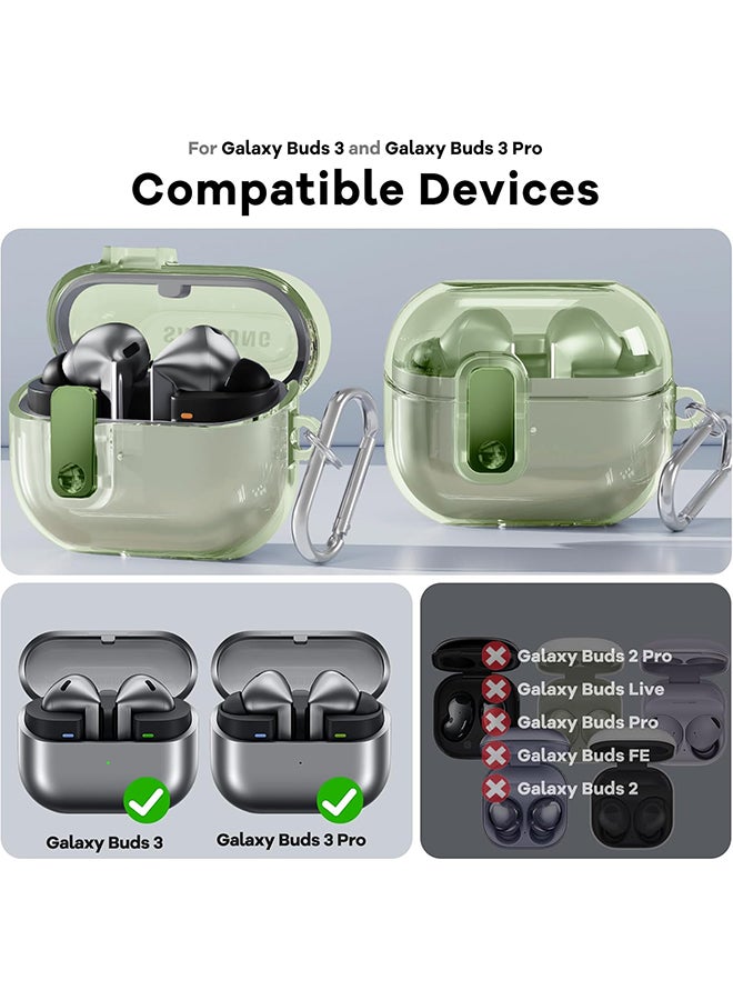 O Ozone For Samsung Galaxy Buds3 Case & Galaxy Buds 3 Pro Case Cover Anti-drop Anti-scratch Lock Clip Flexible TPU Clear Protection Case with Carabiner-Green  - Image 2
