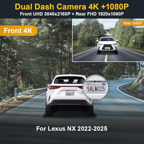FITCAMX كاميرا داش فيت كام إكس الأمامية 4K + الخلفية 1080P تناسب لكزس NX 2022 2023 2024 2025 NX350 250 300 450h فاخرة رياضية، مظهر OEM، واي فاي وتطبيق، تسجيل مزدوج، حساس G، سهل الإعداد، 128GB سيارة - Image 3