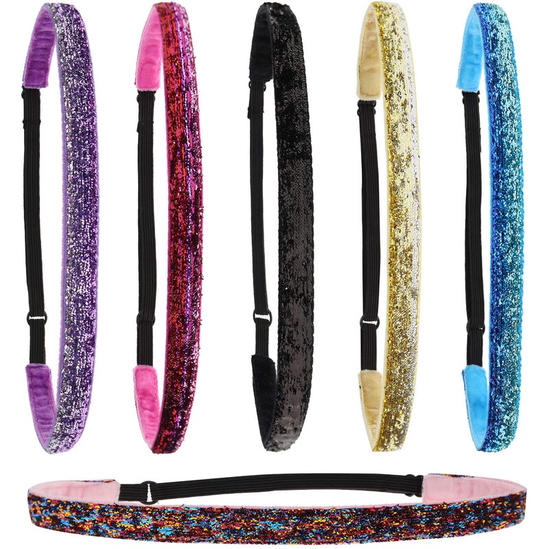 FROG SAC FROG SAC 6 Glitter Headbands for Girls Adjustable Non Slip Thin Stretch Elastic Sports Headband for Teens Cute Stretchy Athletic Sports Hair Accessories for Kids