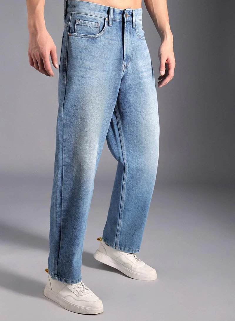 هاي ستار Men's Indigo 100% Cotton Bleached Full Length Wide Leg Jeans
