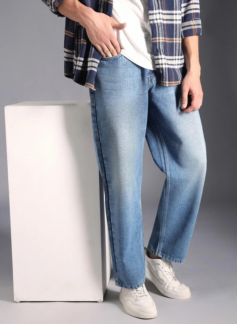 HIGH STAR Men's Indigo 100% Cotton Bleached Full Length Wide Leg Jeans