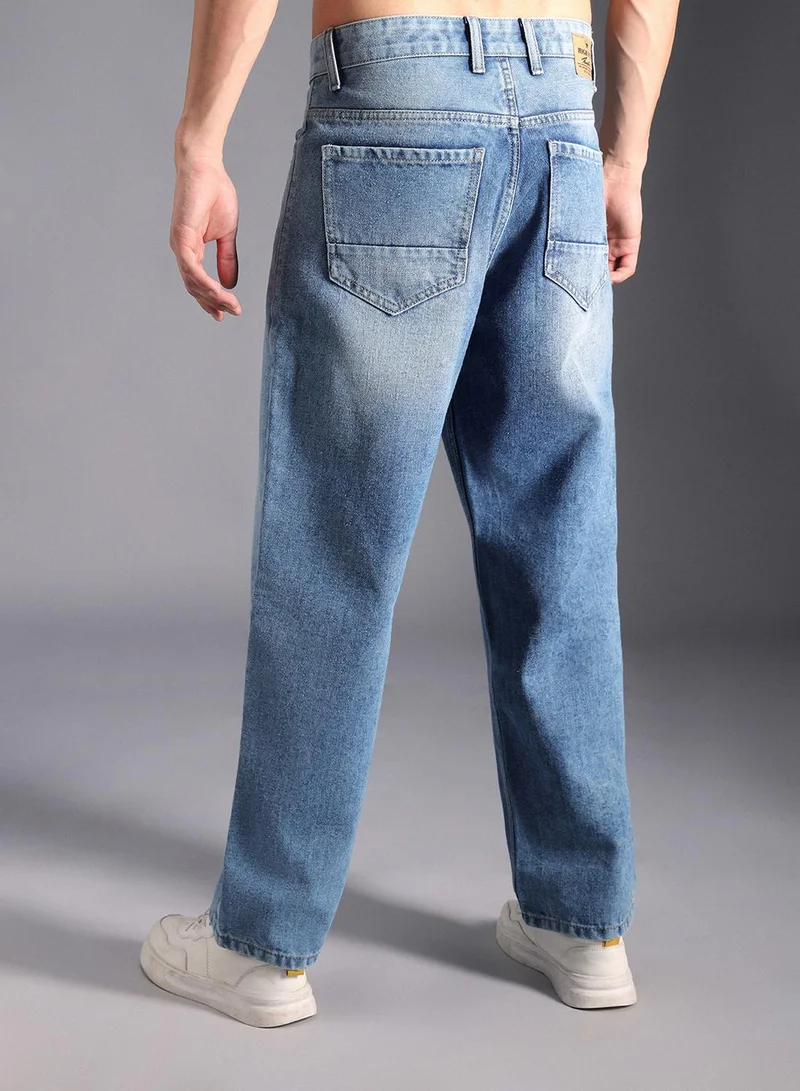 HIGH STAR Men's Indigo 100% Cotton Bleached Full Length Wide Leg Jeans