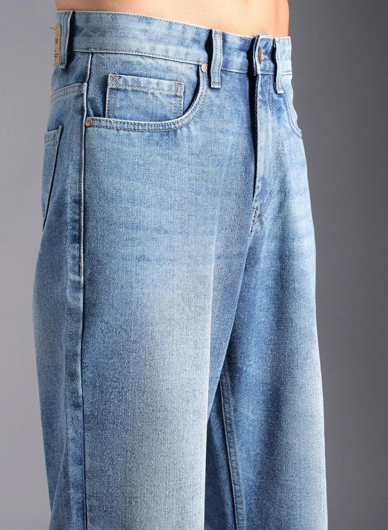 HIGH STAR Men's Indigo 100% Cotton Bleached Full Length Wide Leg Jeans