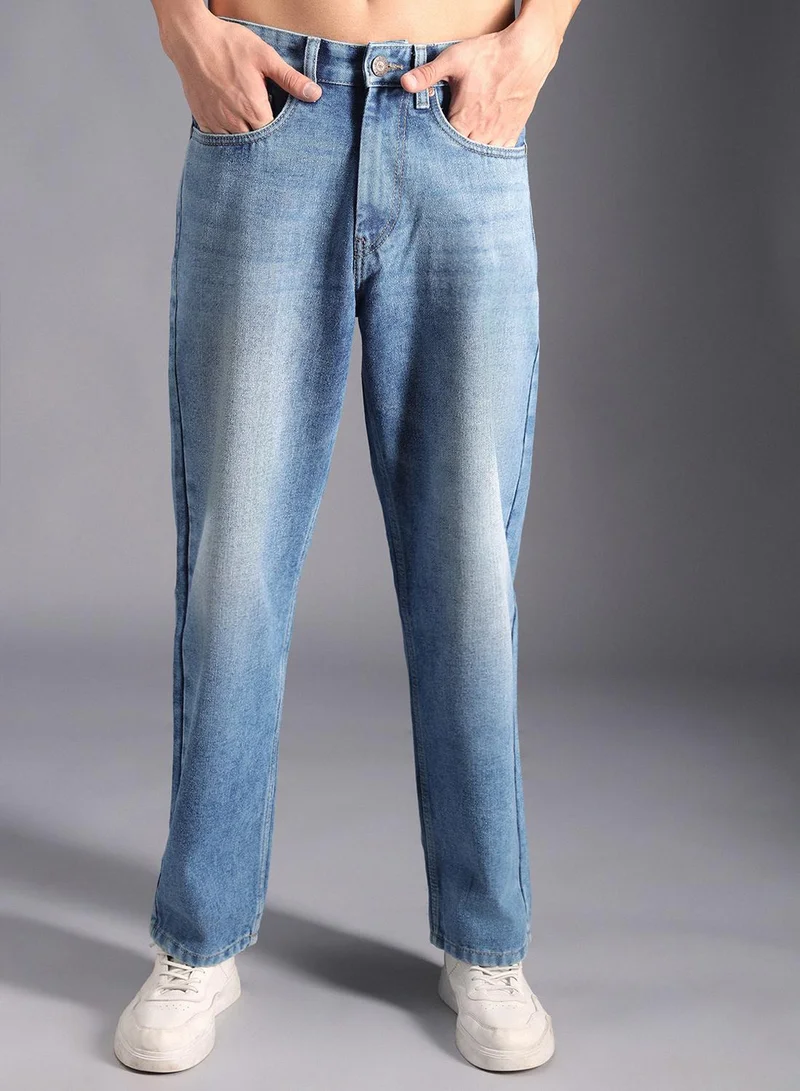 HIGH STAR Men's Indigo 100% Cotton Bleached Full Length Wide Leg Jeans